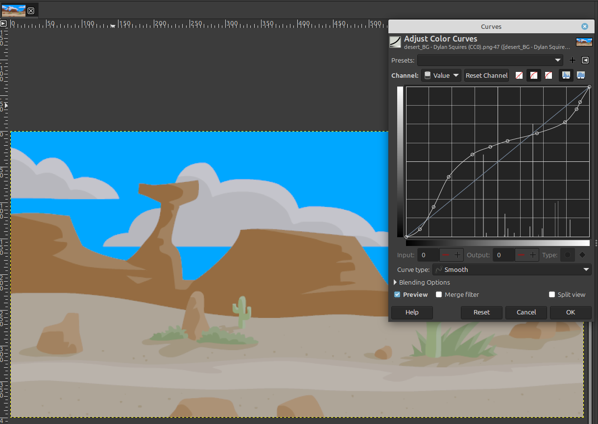 Screenshot of Curves filter with *Photoshop* .acv preset loaded