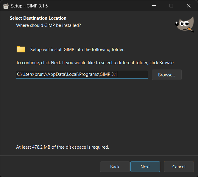 Windows installer, installation directory selection page